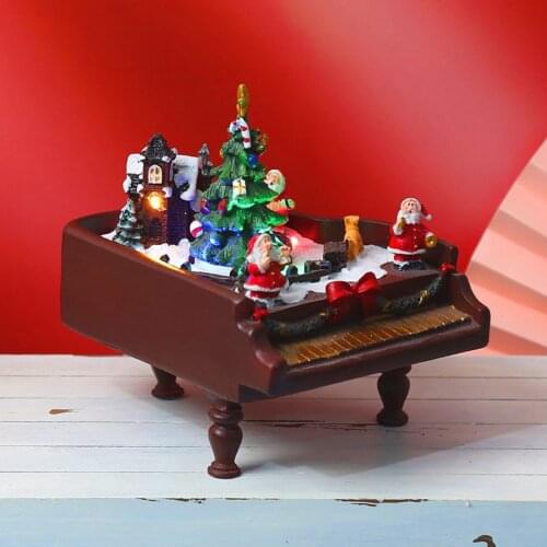 Romantic Resin Snow Scene Vintage Piano Music Box Revolving Christmas Tree LED Light Home Decoration Ornament Gift Collection