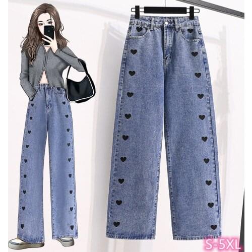 S-5XL Heart Love Embroidery Plus Size Straight Jeans Mom Woman Vintage Loose Long Trousers Female Street Denim Pants Plus Size
