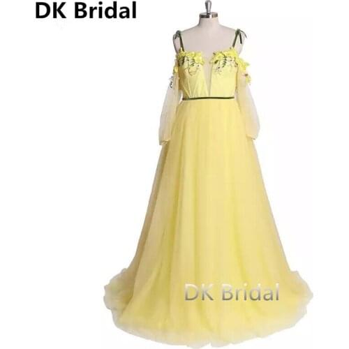 Off the Shoulder Sexy Long Sleeves Evening Dresses Yellow Colored Flowers Fashion Party Prom Formal Evening Gowns 2019 Plus Size