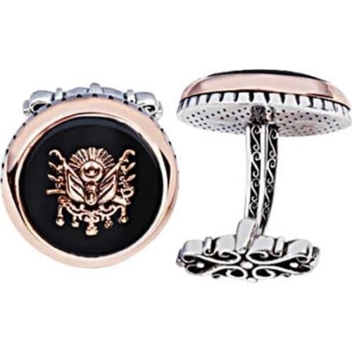 Silver Onix Stone Ottoman Crested Round Pattern Cufflinks