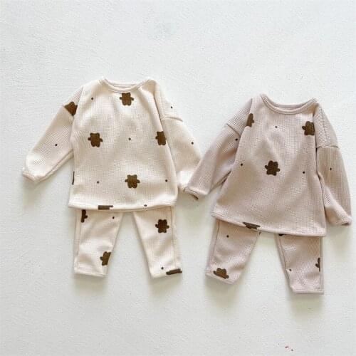 2021 Autumn New Baby Clothes Set Boys Bear Print Sweatshirt Set Cotton Waffle Children Long Sleeve Set Girls Casual Pants Suit