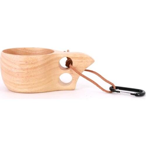 Outdoor Lightweight Solid Rubber Wood Cup With Carabiner and leather Lanyard Handmade Wooden Camp Mug