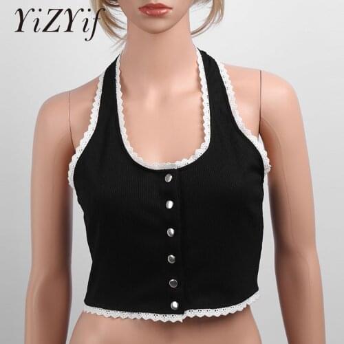 Sweet Girls Halter Crop Tops Y2k Lace Hem Patchwork Sexy Tank Top With Button Knitted Black Streetwear Women Summer Casual Wear