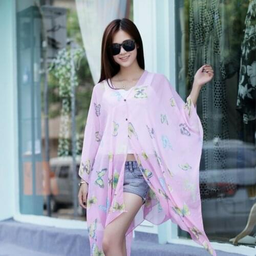 Women Summer Shawls Scarves butterfly Printed Poncho Sun Protection Driving Shawl Beach Shawl Bikini Cover Chiffon Plain Weave