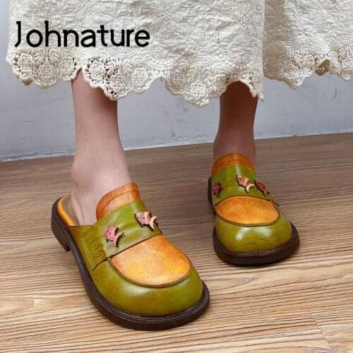Johnature Women Slippers 2021 New Summer Shoes Genuine Leather Mixed Colors Outside Slides Handmade Concise Retro Slippers