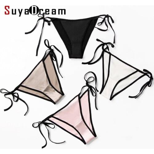 SuyaDream Women Low Waist Sexy Silk G string 88%Silk 12%Spandex Silk Satin Tie waist Thong