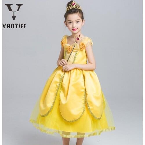 2021 New Princess Dresses European and American Kids Wear Yellow Cake Flowers For Girl Party Dress Halloween Costume Skirt
