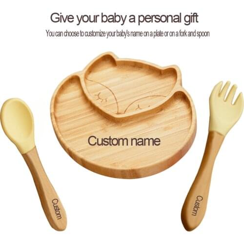3 pcs/set Bamboo Baby Feeding Bowl Cartoon Fox Kids Dishes Baby Bowl+Spoon+Fork Feeding Food Tableware Set Customizable
