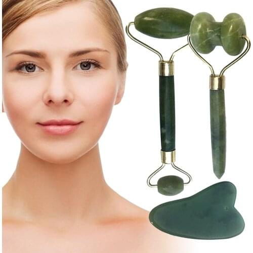 3pcs Jade Massager Kits Double Beauty Jade Roller Jade Massager Facial Tool Massager Natural Set for Face Neck hot sale