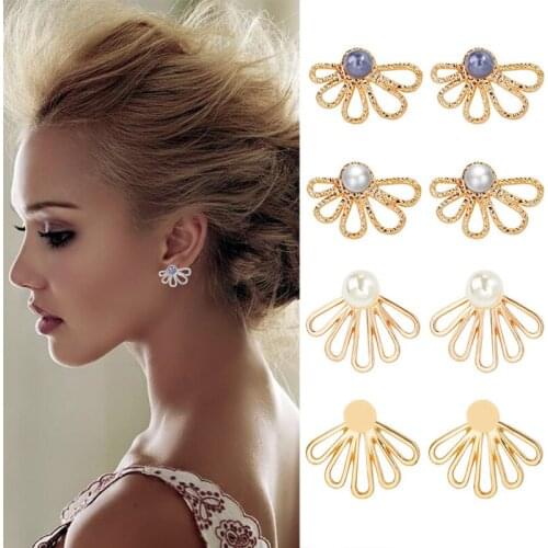 4 Kinds White & Purple Simulated Pearl Hollow Leaf Golden Silver Plated Women Flower Stud Earrings
