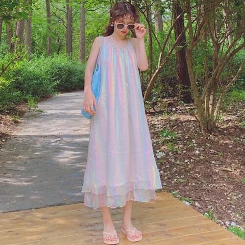 Shiny Dress Colorful Loose Sleeveless Spaghetti Strap New Beach Holiday Wear Female Ladies Fairy Vestidos Sweet Women Dresses