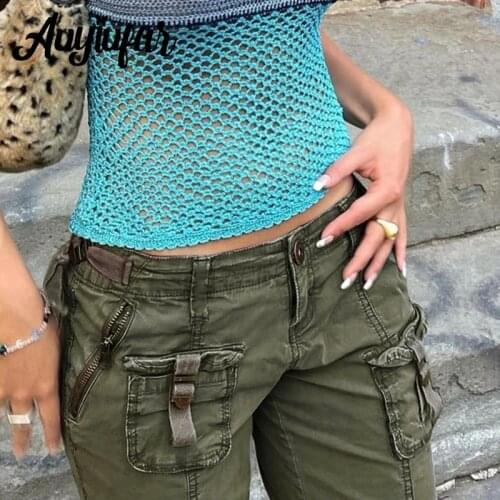 Auyiufar Fairy Grunge Casual Low Rise Jeans Pants Green Streetwear Y2K Aesthetic Straight Cargo Pants Retro Pocket Girl Trousers
