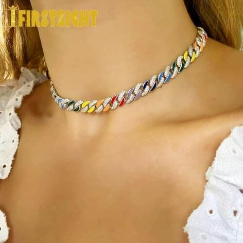 New Neon Colorful Enamel Choker Silver Color Ice Out Bling CZ 11mm Miami Cuban Link Chain Women Bracelet hip hop jewelry