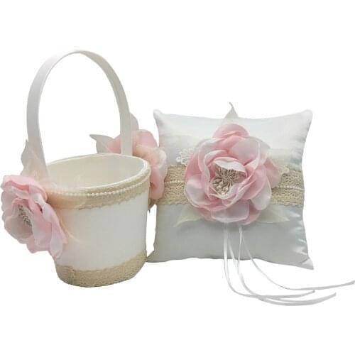 Rustic Burlap Ring Bearer Pillow and Wedding Flower Girl Basket Set for Ceremony Supply