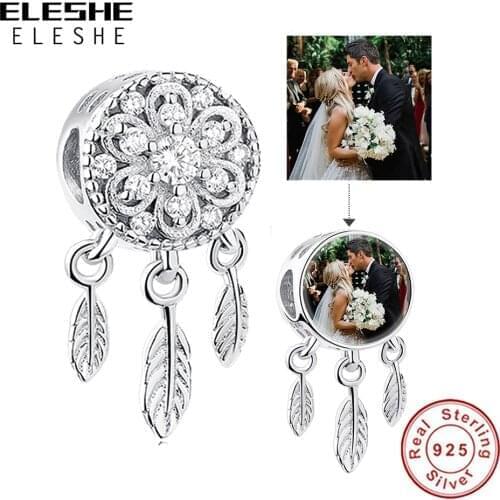ELESHE Clear CZ Round Dreamcatcher Custom Photo Charm 925 Sterling Silver Personalized Beads fit Bracelets for Women DIY Jewelry