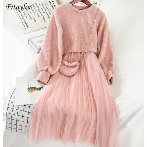 Fitaylor Spring Autumn Sweet Two Pieces Suit Women Knitted Sweater Winter O Neck Sweaters and Sling Strap Dress Set +Lady Bag