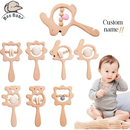 Custom Made Baby Wooden Rattle Toy Animal Hand Teething Ring Makes Sound Montessori Educational Toys Rattles Play Gym DIY Gifts