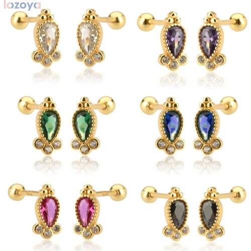 Lozoya 925 Sterling Silver Gold Clips Tiny Fine Rainbow Ovals Stud Earring Piercing Colorful CZ Jewelry 2021 Wedding Gift