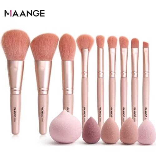 MAANGE 9pcs Makeup Foundation Brushes with 5 Comestic Egg Sponge Puffs Set Professional Cosmetics Power Brush Kit Gift for Girls