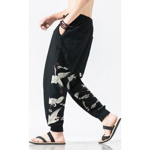 Mens trousers Tang suit fashion new autumn Chinese style pants loose crane printing trousers Harlan trousers Harajuku kung fu