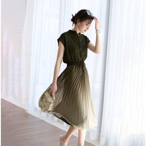 Gradient Color Summer Chiffon Dress Women Stand Neck Sleeveless Long Midi Dress High Waist Lace Up Casual Vintage Party Z872