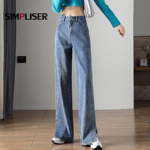 Split Women Jeans Pants High Waisted Female Straight Jeans Trousers 2021 Loose Mom Jeans Pants Denim Blue Pantalon Femme Jean