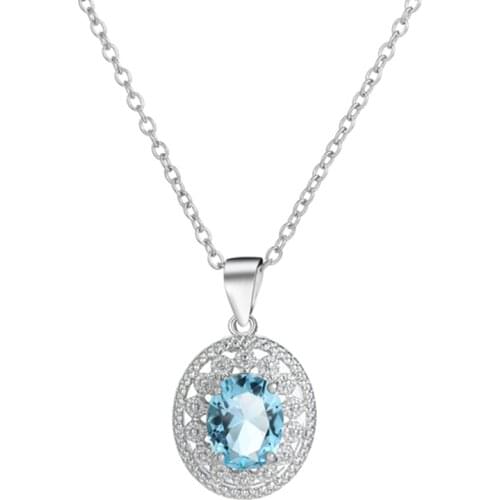 WEGARSTI Oval Sky Blue Gemstone Pendant Necklace With Chain For Women Sterling Silver 925 Necklaces Fine Jewelry Bijoux