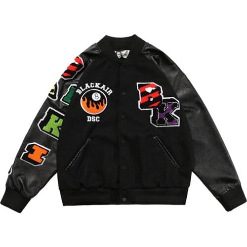 Fun Letter Embroidery Baseball Jacket Men PU Leather Sleeve Stitching Couple Bomber Unisex Boyfriend Style Varsity Men Clothing