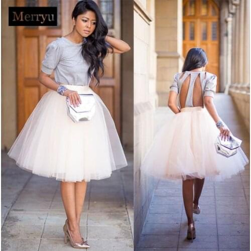 Merryu Summer Puffy 5Layer 60CM Fashion Women Tulle Skirt Tutu Wedding Party Bridesmaid Overskirt Petticoat Lolita Saia