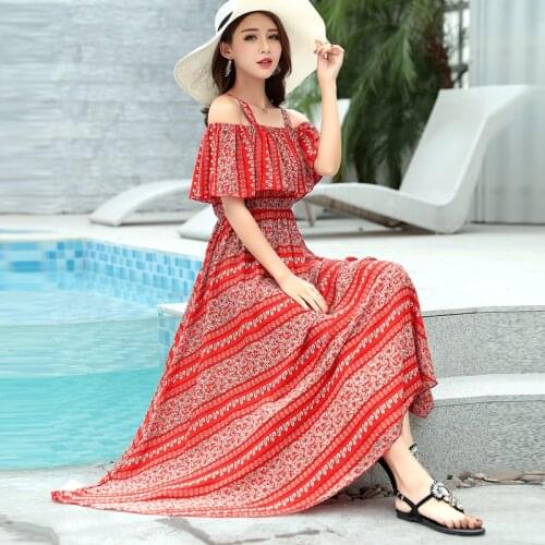 Summer Bohemian Print Dress New Women A-line Ruffles Vestidos High Waist Slash Neck Dresses Sexy Robe Femme Party Tank Sundress