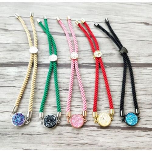 10 Pcs Mix Color Cotton Adjustable hand Chain Bracelet,Natural druse geode Quartz Titanium Stone charm connector Bracelets BG175