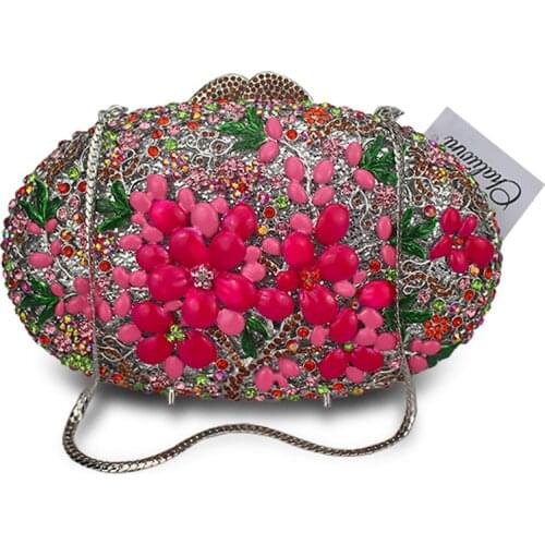 Dazzling Women Gold Rose Flower Hollow Out Crystal Evening Metal Clutches Small Minaudiere Handbag Purse Wedding Box Clutch Bag