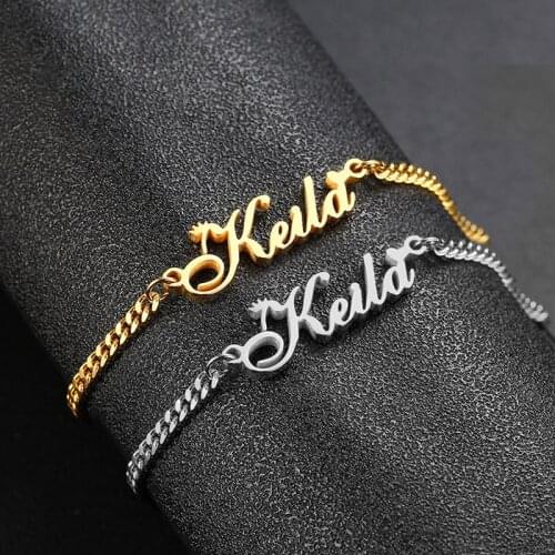 Custom Name Bracelet Stainless Steel Charms Handmade Cuban Chain Personalized Crown Nameplate Women Bangle Any Font Engraved