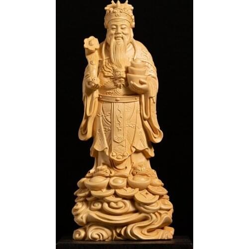 CCZHIDAO God of Wealth is Coming 20CM Chinese Boxwood Solid Wood Feng Shui Sculpture Home Decoration Collection
