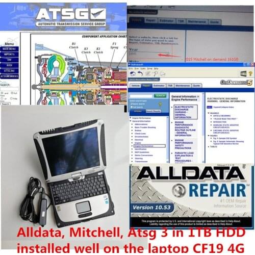 Free Shipping auto repair diagnosis Alldata 10.53 m-itchell on demand 2015 ATSG 2012 installed well on laptop cf19 with 1TB HDD