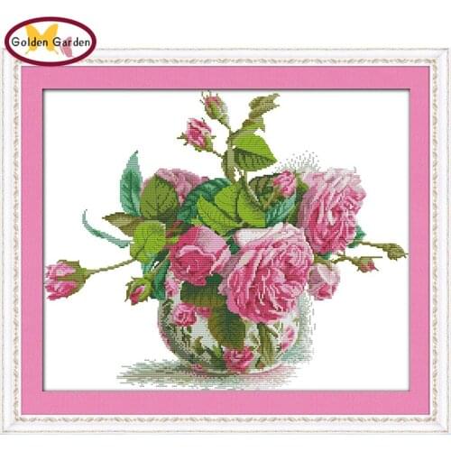 GG Romantic Pink Rose Paintings Counted Cross Stitch 11CT 14CT DIY Cross Stitch Embroidery Needlework Kits for Home Decoration