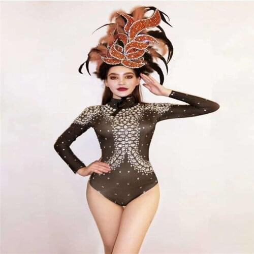 H12 Ballroom pole dance stage dress black rhinestones bodysuit sleeve crystal jumpsuit drilling siamese perform outfit diamonds