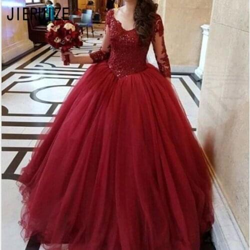 JIERUIZE Burgundy Tulle Ball Gown Wedding Dresses Long Sleeve Scoop Neck with Applique Lace Up Back Bride Dress vestido de noiva