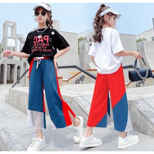 Teenage Kids Girls Summer Fashion Sports Suit 2021 Short Sleeve T-Shirt And Wide Leg Pants Patchwork Two Piece Children Clothes