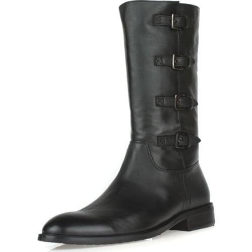 Top Brand Mens Winter Military Mid Calf Motorcycle Boots Buckle Med Heels Genuine Leather Riding Safety Shoes Army Work Boots