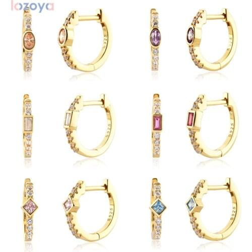 LOZOYA New 925 Sterling Silver Gold 9.5mm Oval Square Colorful Huggies Piercing Hoops Earring Clips Rock Punk Jewelry Pendiente