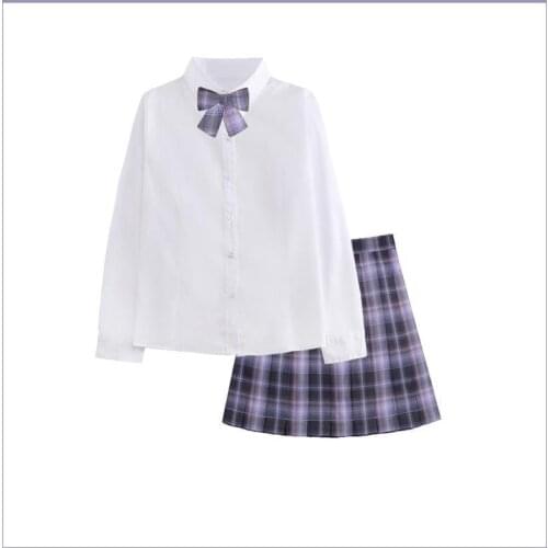 New School Girl Uniform Stundent Girls High Waist Plaid Pleated Skirts Jk School Uniform Anime Clothes Purple For Woman Full Set