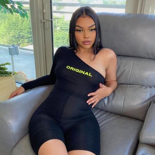 FUFUCAILLM Original Letter Print Bodycon Playsuits Women Skinny Overalls Inclined Shoulder Rompers Femme Fitness Sporty Outfits