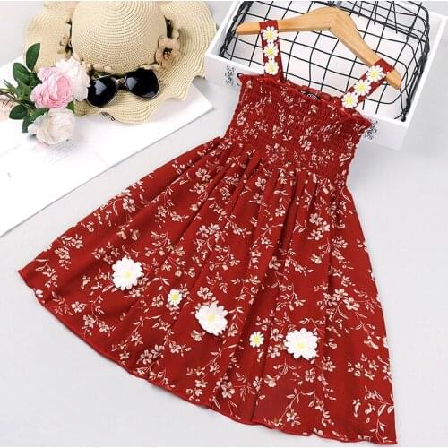 KEAIYOUHUO 2021 New Arrival Summer Vintage Red Dresses For Girls Floral Sleeveless Birthday Party Dress Kids Clothes 2-6 Years