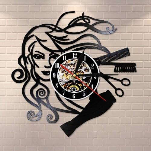 Hair Stylist Salon Barber Shop Retro Black Wall ClockHairstyle Beauty Salon Vinyl Record Wall Clock Hairdresser Gifts for Woman