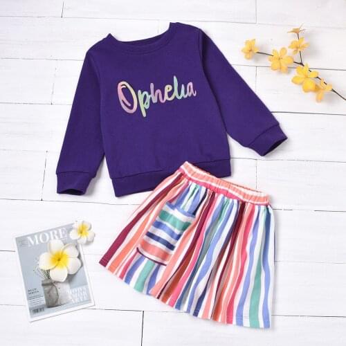2021 1-6Y Kids Girls Casual Outfit Set Spring Long Sleeve Letter Print Top+Colorful Striped A-line Skirt Clothing Set for Girls