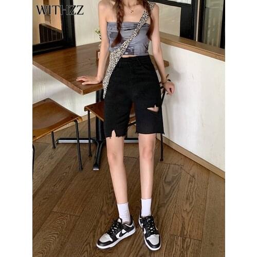 WITHZZ Summer Womens Straight Hole High-rise Jeans Female Denim Shorts