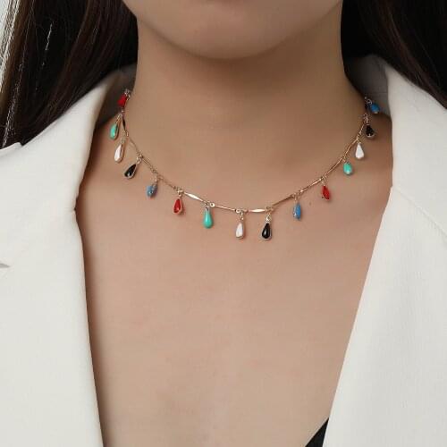 Uer Unique Colorful Enamel Water Drop Pendant Necklaces For Women Gifts Gold Color Alloy Chains Chokers 2021 New Fashion Jewelry