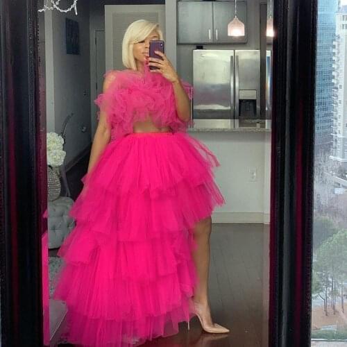 Fuchsia Women Tulle Sets Tops And Skirts Tulle Hi Low Skirt Ruffled Tops Sexy Long Mexi Wear Prom Party Birthday Dress