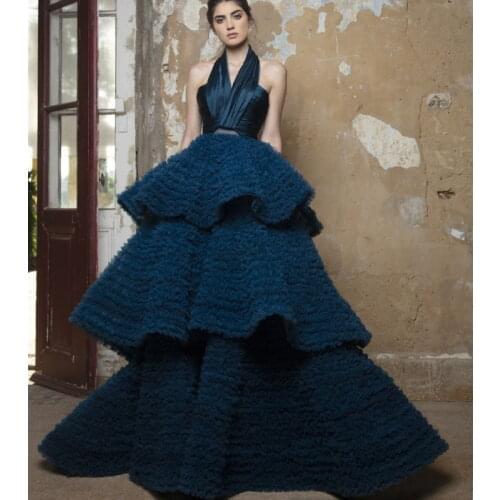 Navy Evening Dresses Long Luxury 2020 Tiered Skirts Arabic Prom Gowns A Line Ruffles Women Robes Vestidos De Fiesta